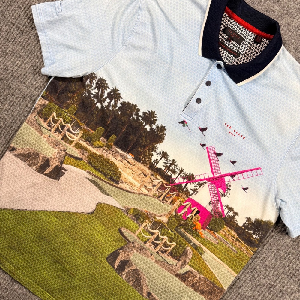 Ted Baker Golf Mens Blue Mini Golf Windmill Graphic Polo Shirt Size 5 XL
